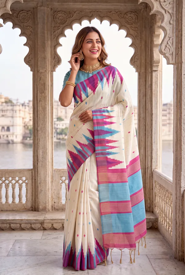Soft_Tussar_Silk_Sarees_With_Beautiful_Digital_Print_With_Attractive_Checks_Design_Saree_And_Digital_Print_Blouse_With_Tassels