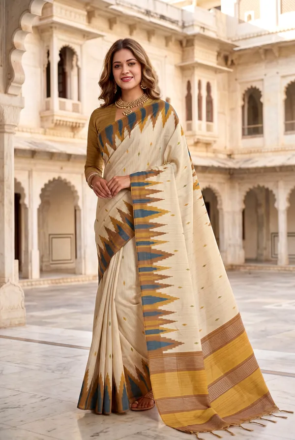 Soft_Tussar_Silk_Sarees_With_Beautiful_Digital_Print_With_Attractive_Checks_Design_Saree_And_Digital_Print_Blouse_With_Tassels