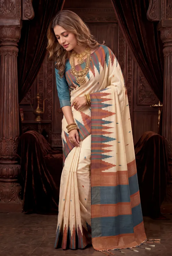 Soft_Tussar_Silk_Sarees_With_Beautiful_Digital_Print_With_Attractive_Checks_Design_Saree_And_Digital_Print_Blouse_With_Tassels