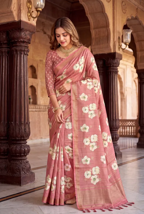 Soft_Tussar_Silk_Sarees_With_Beautiful_Digital_Print_With_Attractive_Checks_Design_Saree_And_Digital_Print_Blouse_With_Tassels