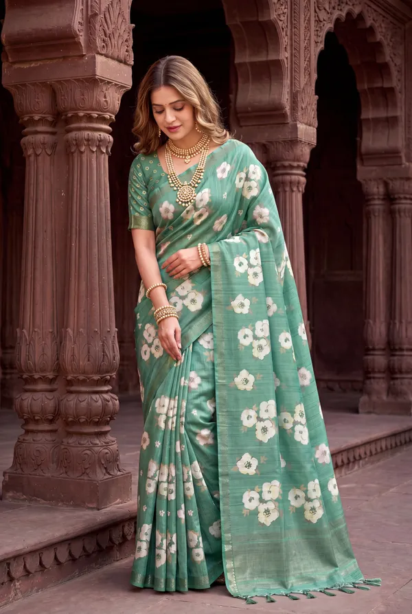 Soft_Tussar_Silk_Sarees_With_Beautiful_Digital_Print_With_Attractive_Checks_Design_Saree_And_Digital_Print_Blouse_With_Tassels