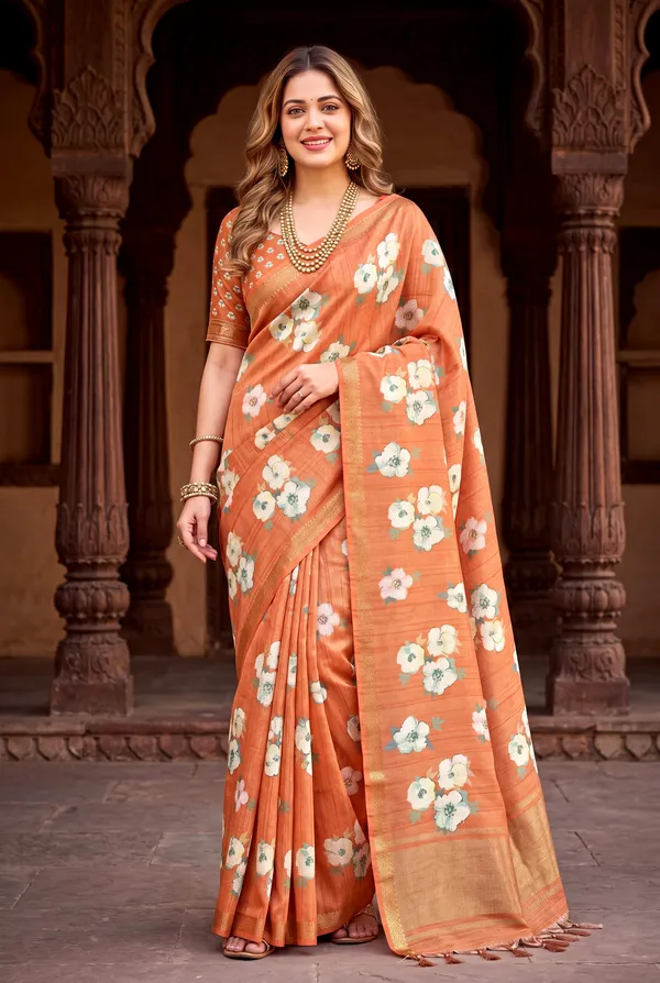 Soft_Tussar_Silk_Sarees_With_Beautiful_Digital_Print_With_Attractive_Checks_Design_Saree_And_Digital_Print_Blouse_With_Tassels