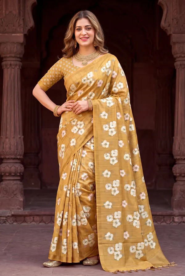 Soft_Tussar_Silk_Sarees_With_Beautiful_Digital_Print_With_Attractive_Checks_Design_Saree_And_Digital_Print_Blouse_With_Tassels