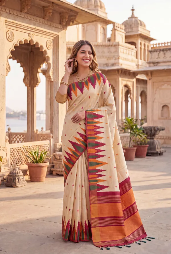 Soft_Tussar_Silk_Sarees_With_Beautiful_Digital_Print_With_Attractive_Checks_Design_Saree_And_Digital_Print_Blouse_With_Tassels