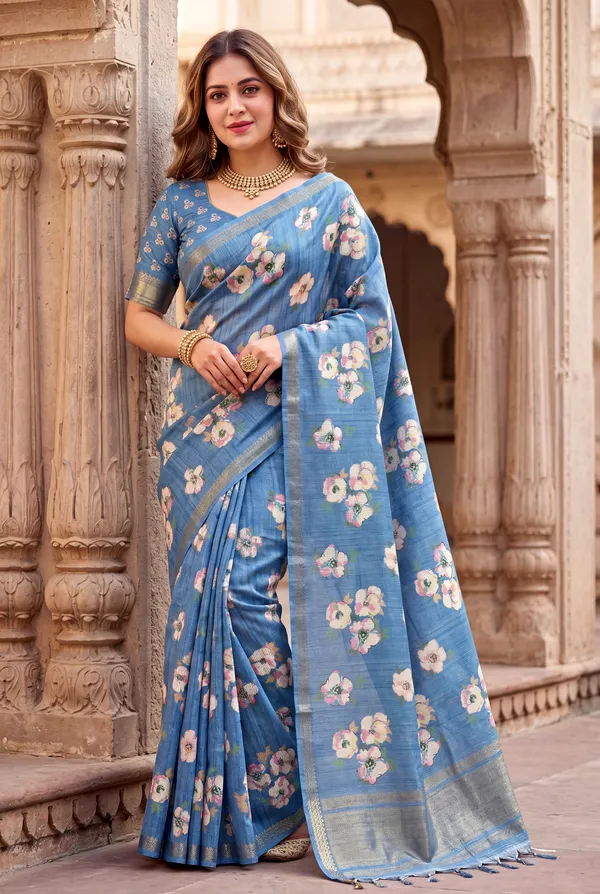 Soft_Tussar_Silk_Sarees_With_Beautiful_Digital_Print_With_Attractive_Checks_Design_Saree_And_Digital_Print_Blouse_With_Tassels