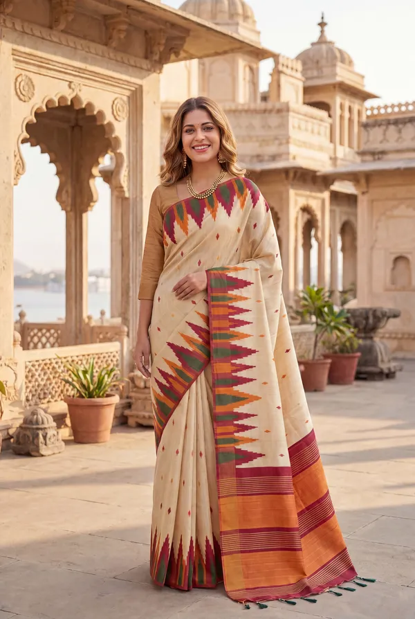 Soft_Tussar_Silk_Sarees_With_Beautiful_Digital_Print_With_Attractive_Checks_Design_Saree_And_Digital_Print_Blouse_With_Tassels