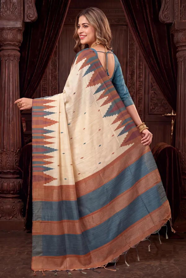 Soft_Tussar_Silk_Sarees_With_Beautiful_Digital_Print_With_Attractive_Checks_Design_Saree_And_Digital_Print_Blouse_With_Tassels