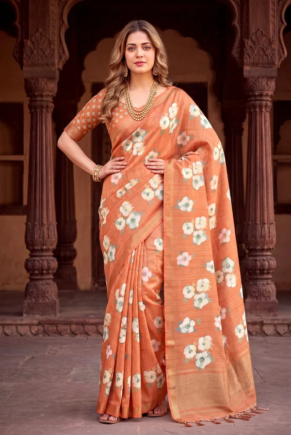 Soft_Tussar_Silk_Sarees_With_Beautiful_Digital_Print_With_Attractive_Checks_Design_Saree_And_Digital_Print_Blouse_With_Tassels