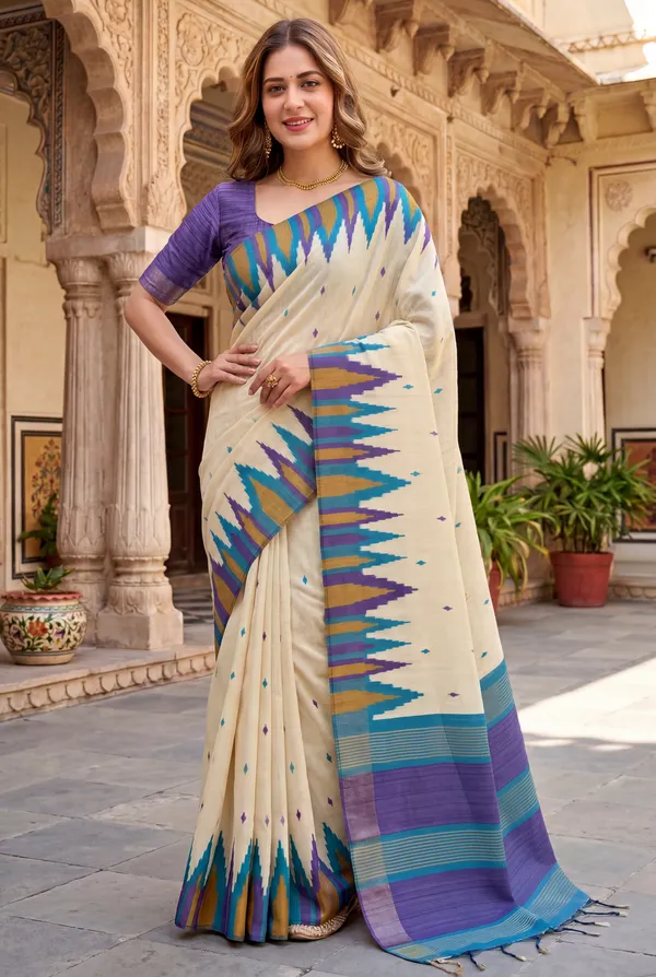 Soft_Tussar_Silk_Sarees_With_Beautiful_Digital_Print_With_Attractive_Checks_Design_Saree_And_Digital_Print_Blouse_With_Tassels