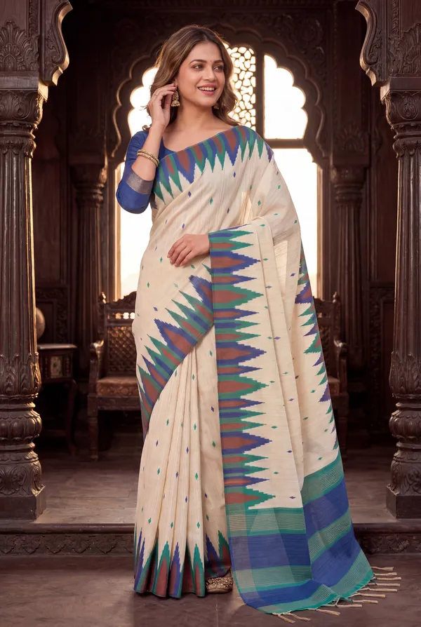 Soft_Tussar_Silk_Sarees_With_Beautiful_Digital_Print_With_Attractive_Checks_Design_Saree_And_Digital_Print_Blouse_With_Tassels