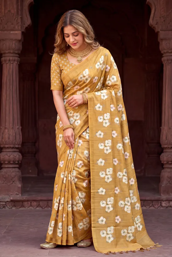 Soft_Tussar_Silk_Sarees_With_Beautiful_Digital_Print_With_Attractive_Checks_Design_Saree_And_Digital_Print_Blouse_With_Tassels