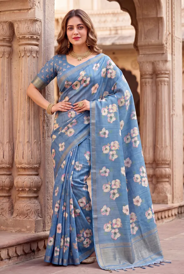 Soft_Tussar_Silk_Sarees_With_Beautiful_Digital_Print_With_Attractive_Checks_Design_Saree_And_Digital_Print_Blouse_With_Tassels
