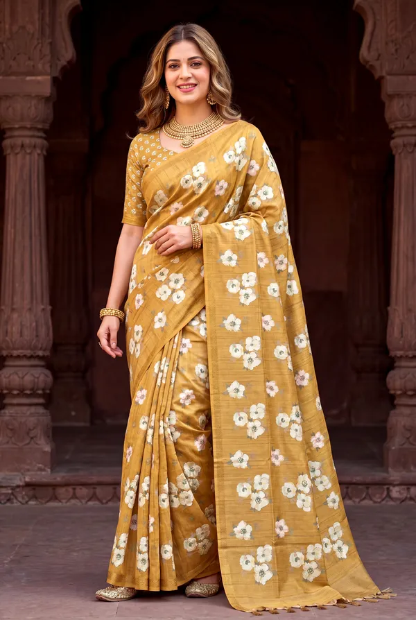 Soft_Tussar_Silk_Sarees_With_Beautiful_Digital_Print_With_Attractive_Checks_Design_Saree_And_Digital_Print_Blouse_With_Tassels