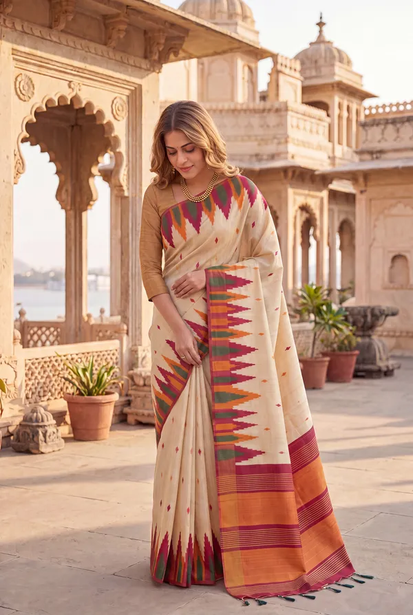 Soft_Tussar_Silk_Sarees_With_Beautiful_Digital_Print_With_Attractive_Checks_Design_Saree_And_Digital_Print_Blouse_With_Tassels