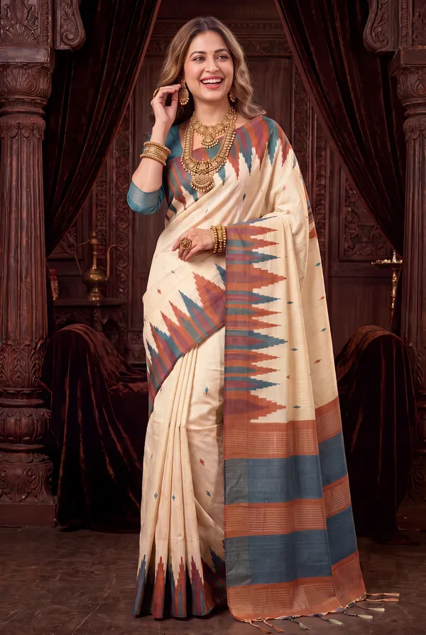 Soft_Tussar_Silk_Sarees_With_Beautiful_Digital_Print_With_Attractive_Checks_Design_Saree_And_Digital_Print_Blouse_With_Tassels