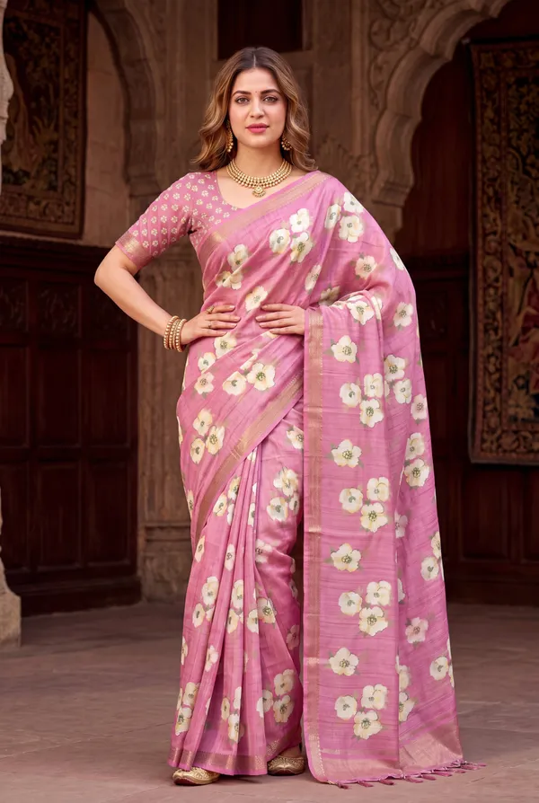 Soft_Tussar_Silk_Sarees_With_Beautiful_Digital_Print_With_Attractive_Checks_Design_Saree_And_Digital_Print_Blouse_With_Tassels