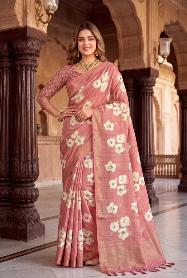 Soft_Tussar_Silk_Sarees_With_Beautiful_Digital_Print_With_Attractive_Checks_Design_Saree_And_Digital_Print_Blouse_With_Tassels