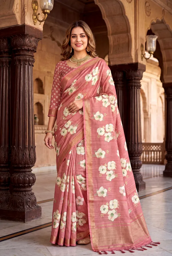 Soft_Tussar_Silk_Sarees_With_Beautiful_Digital_Print_With_Attractive_Checks_Design_Saree_And_Digital_Print_Blouse_With_Tassels