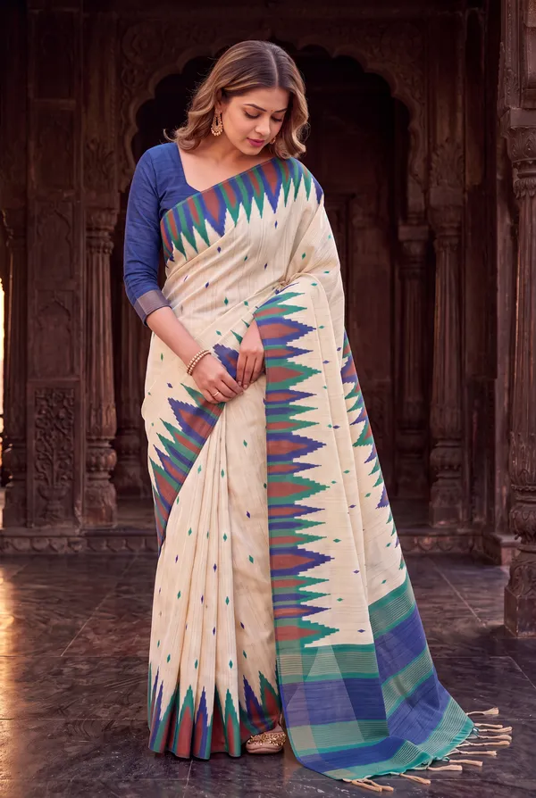 Soft_Tussar_Silk_Sarees_With_Beautiful_Digital_Print_With_Attractive_Checks_Design_Saree_And_Digital_Print_Blouse_With_Tassels