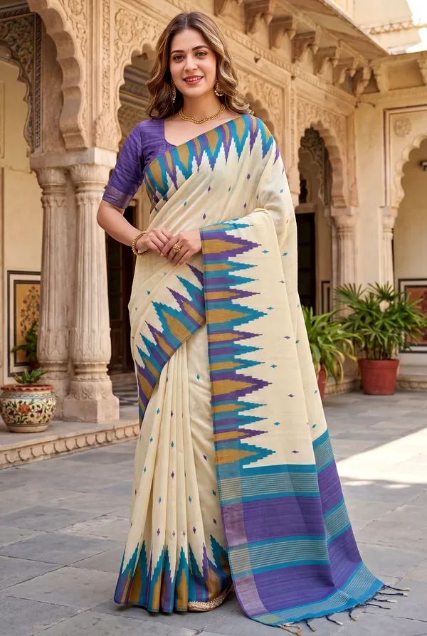 Soft_Tussar_Silk_Sarees_With_Beautiful_Digital_Print_With_Attractive_Checks_Design_Saree_And_Digital_Print_Blouse_With_Tassels