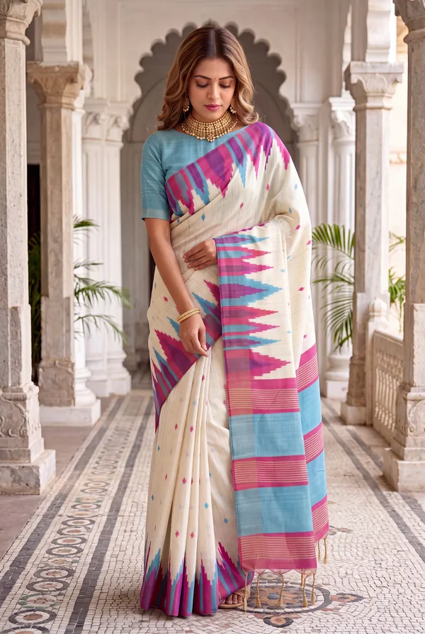 Soft_Tussar_Silk_Sarees_With_Beautiful_Digital_Print_With_Attractive_Checks_Design_Saree_And_Digital_Print_Blouse_With_Tassels
