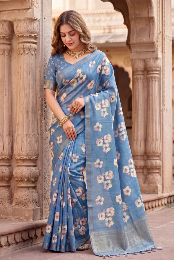 Soft_Tussar_Silk_Sarees_With_Beautiful_Digital_Print_With_Attractive_Checks_Design_Saree_And_Digital_Print_Blouse_With_Tassels