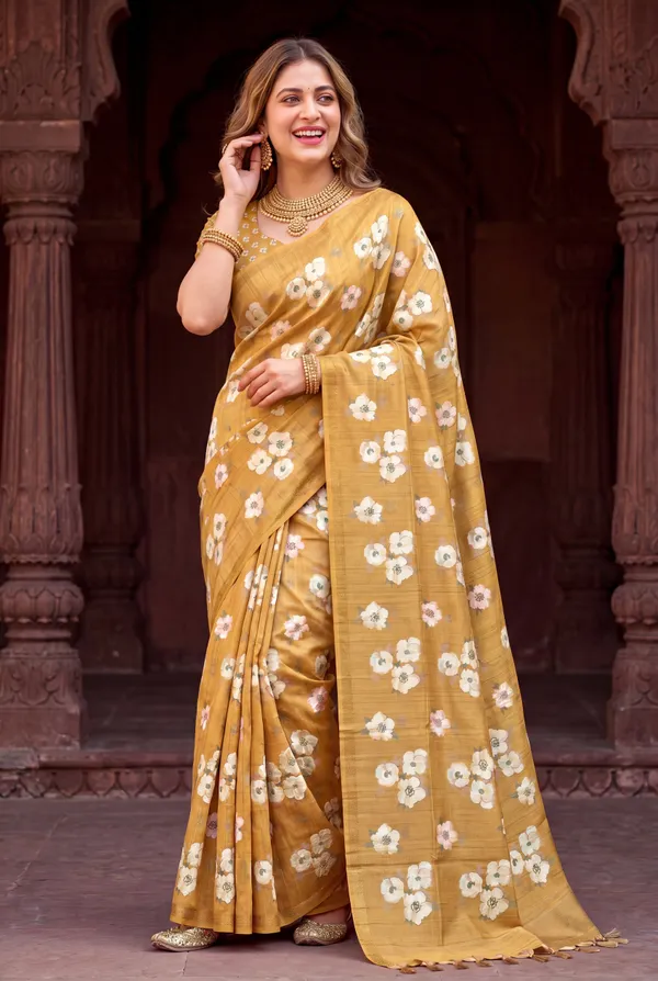 Soft_Tussar_Silk_Sarees_With_Beautiful_Digital_Print_With_Attractive_Checks_Design_Saree_And_Digital_Print_Blouse_With_Tassels