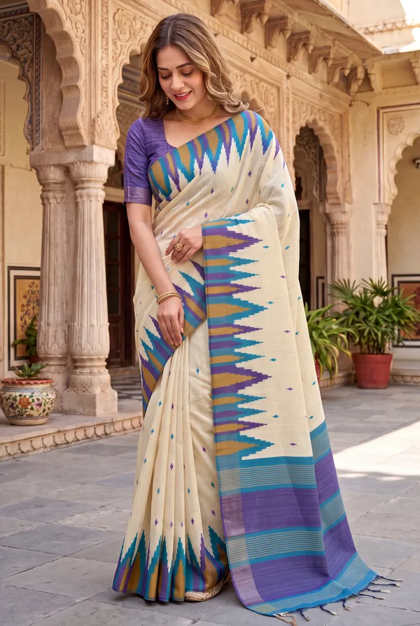 Soft_Tussar_Silk_Sarees_With_Beautiful_Digital_Print_With_Attractive_Checks_Design_Saree_And_Digital_Print_Blouse_With_Tassels
