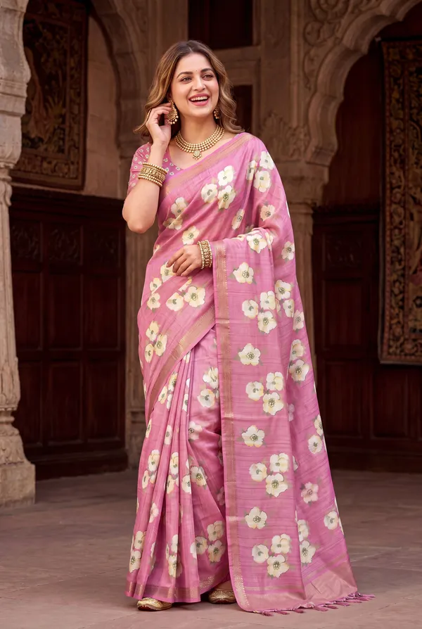 Soft_Tussar_Silk_Sarees_With_Beautiful_Digital_Print_With_Attractive_Checks_Design_Saree_And_Digital_Print_Blouse_With_Tassels