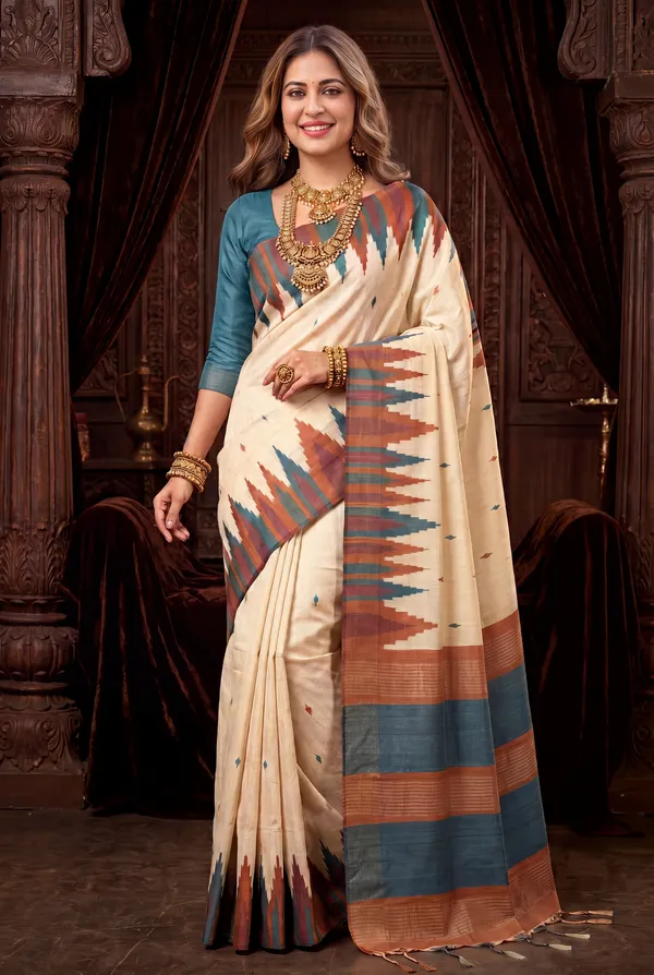 Soft_Tussar_Silk_Sarees_With_Beautiful_Digital_Print_With_Attractive_Checks_Design_Saree_And_Digital_Print_Blouse_With_Tassels