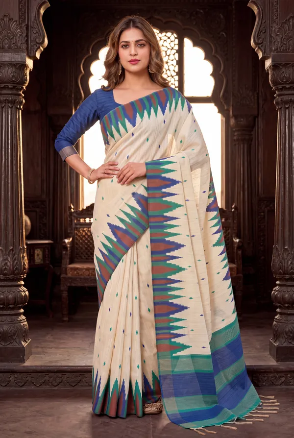 Soft_Tussar_Silk_Sarees_With_Beautiful_Digital_Print_With_Attractive_Checks_Design_Saree_And_Digital_Print_Blouse_With_Tassels