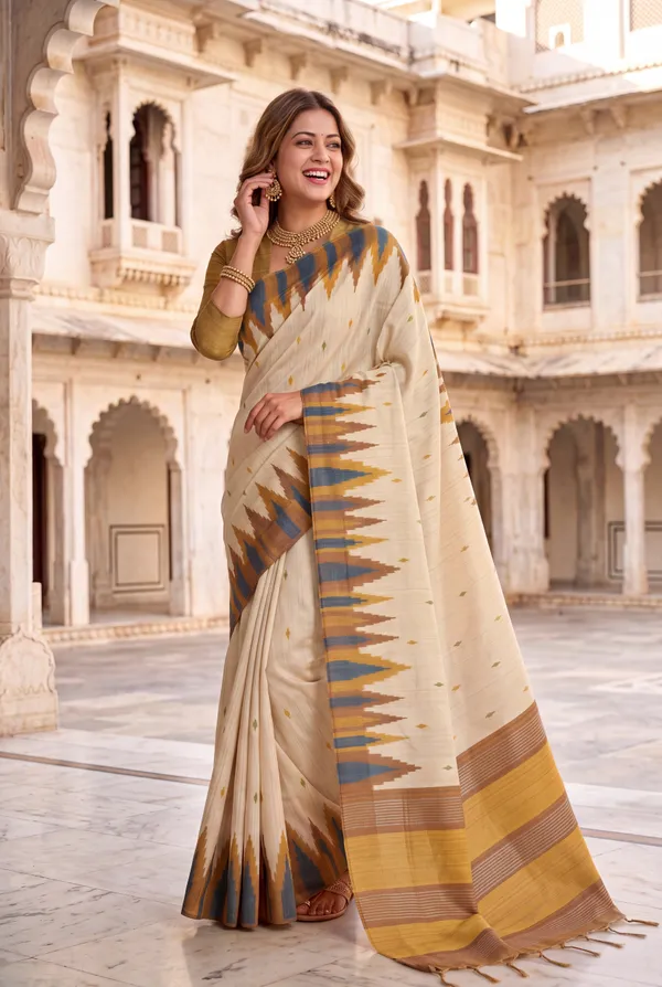 Soft_Tussar_Silk_Sarees_With_Beautiful_Digital_Print_With_Attractive_Checks_Design_Saree_And_Digital_Print_Blouse_With_Tassels