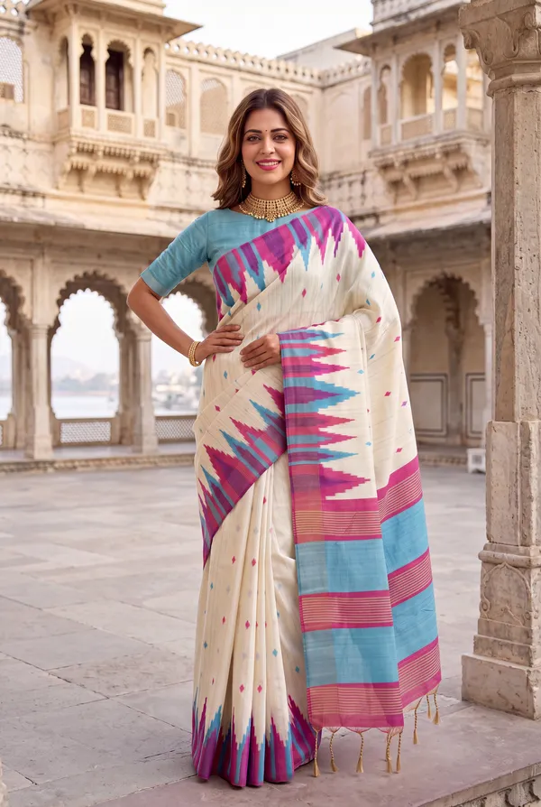Soft_Tussar_Silk_Sarees_With_Beautiful_Digital_Print_With_Attractive_Checks_Design_Saree_And_Digital_Print_Blouse_With_Tassels