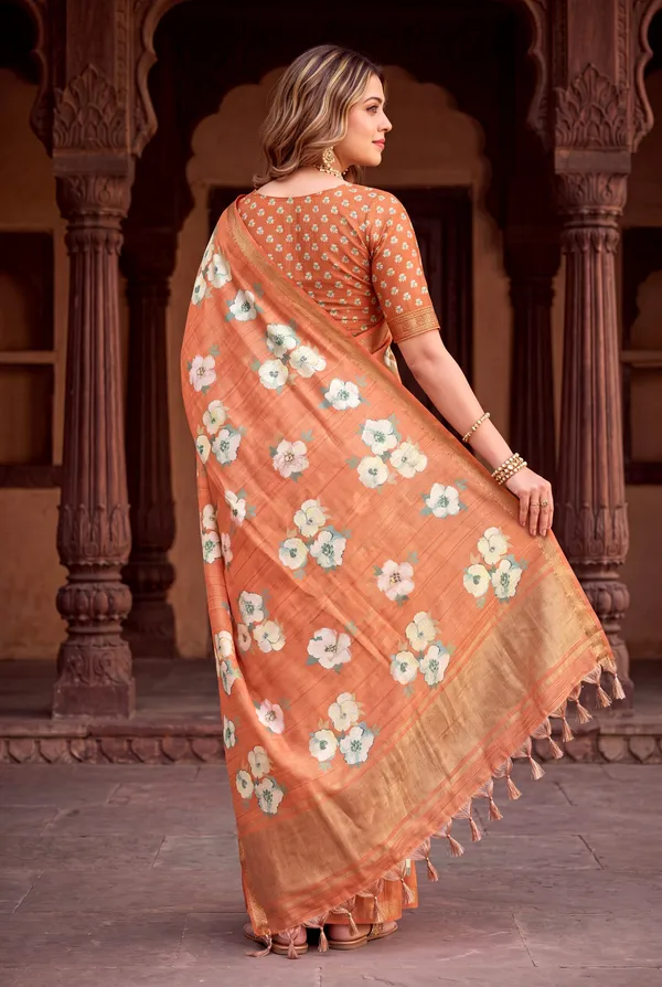 Soft_Tussar_Silk_Sarees_With_Beautiful_Digital_Print_With_Attractive_Checks_Design_Saree_And_Digital_Print_Blouse_With_Tassels
