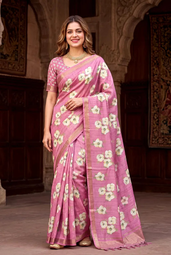 Soft_Tussar_Silk_Sarees_With_Beautiful_Digital_Print_With_Attractive_Checks_Design_Saree_And_Digital_Print_Blouse_With_Tassels