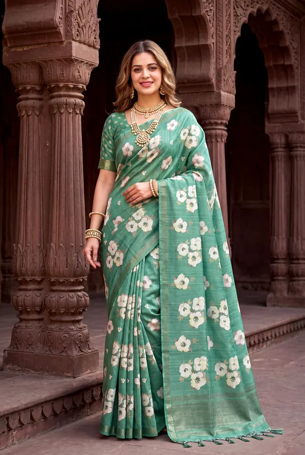 Soft_Tussar_Silk_Sarees_With_Beautiful_Digital_Print_With_Attractive_Checks_Design_Saree_And_Digital_Print_Blouse_With_Tassels