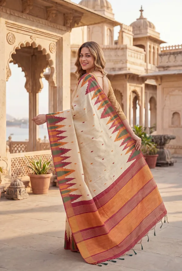 Soft_Tussar_Silk_Sarees_With_Beautiful_Digital_Print_With_Attractive_Checks_Design_Saree_And_Digital_Print_Blouse_With_Tassels