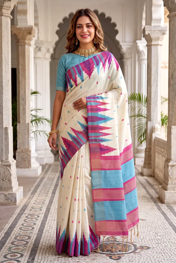 Soft_Tussar_Silk_Sarees_With_Beautiful_Digital_Print_With_Attractive_Checks_Design_Saree_And_Digital_Print_Blouse_With_Tassels