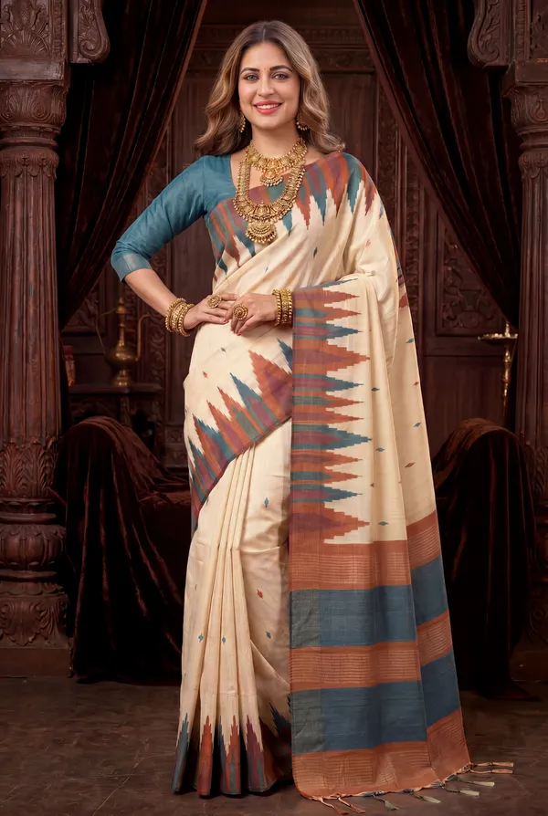 Soft_Tussar_Silk_Sarees_With_Beautiful_Digital_Print_With_Attractive_Checks_Design_Saree_And_Digital_Print_Blouse_With_Tassels
