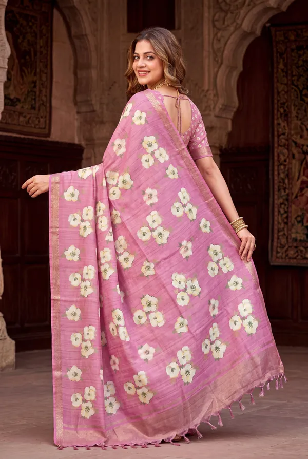 Soft_Tussar_Silk_Sarees_With_Beautiful_Digital_Print_With_Attractive_Checks_Design_Saree_And_Digital_Print_Blouse_With_Tassels