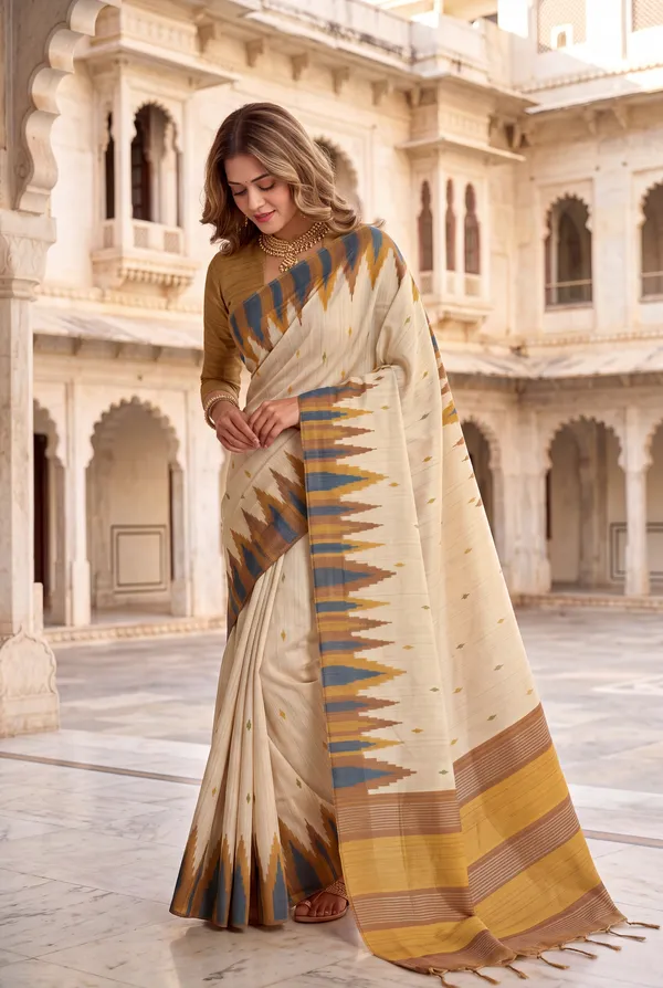 Soft_Tussar_Silk_Sarees_With_Beautiful_Digital_Print_With_Attractive_Checks_Design_Saree_And_Digital_Print_Blouse_With_Tassels