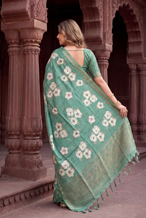 Soft_Tussar_Silk_Sarees_With_Beautiful_Digital_Print_With_Attractive_Checks_Design_Saree_And_Digital_Print_Blouse_With_Tassels