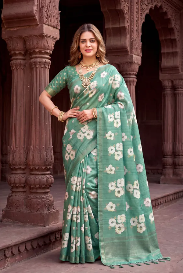 Soft_Tussar_Silk_Sarees_With_Beautiful_Digital_Print_With_Attractive_Checks_Design_Saree_And_Digital_Print_Blouse_With_Tassels