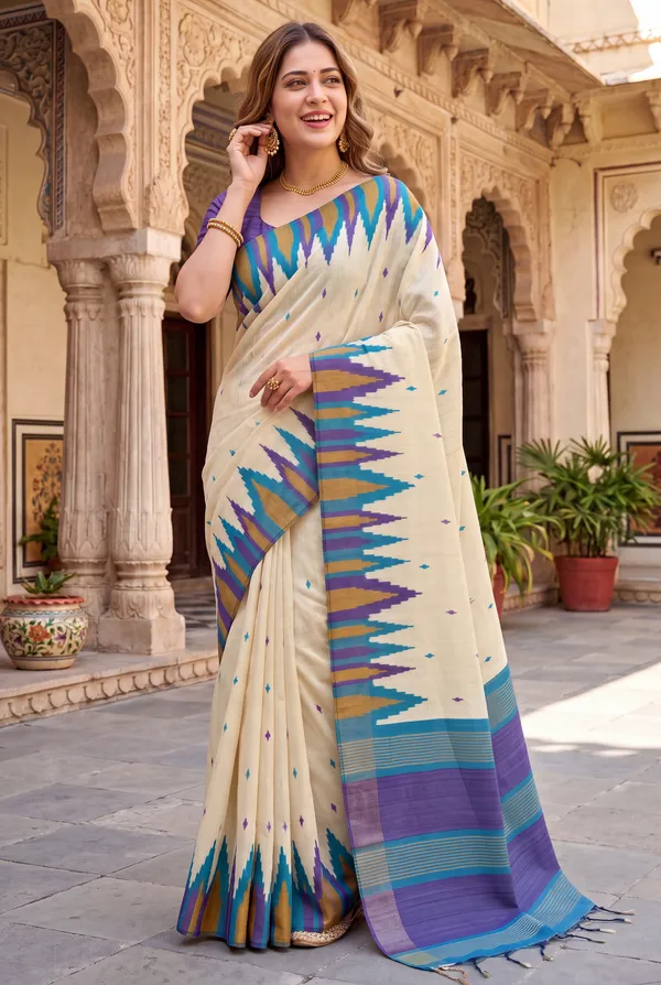 Soft_Tussar_Silk_Sarees_With_Beautiful_Digital_Print_With_Attractive_Checks_Design_Saree_And_Digital_Print_Blouse_With_Tassels