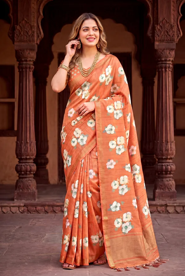 Soft_Tussar_Silk_Sarees_With_Beautiful_Digital_Print_With_Attractive_Checks_Design_Saree_And_Digital_Print_Blouse_With_Tassels