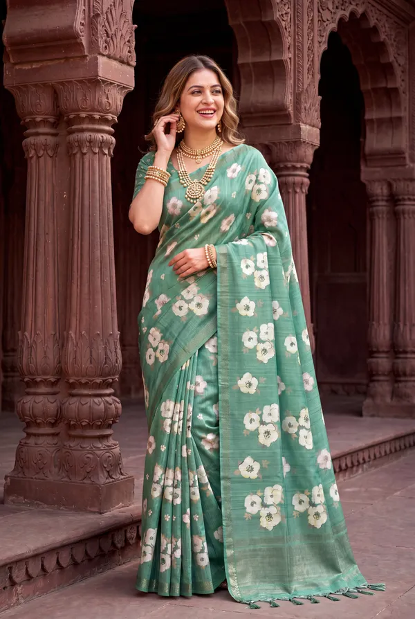 Soft_Tussar_Silk_Sarees_With_Beautiful_Digital_Print_With_Attractive_Checks_Design_Saree_And_Digital_Print_Blouse_With_Tassels