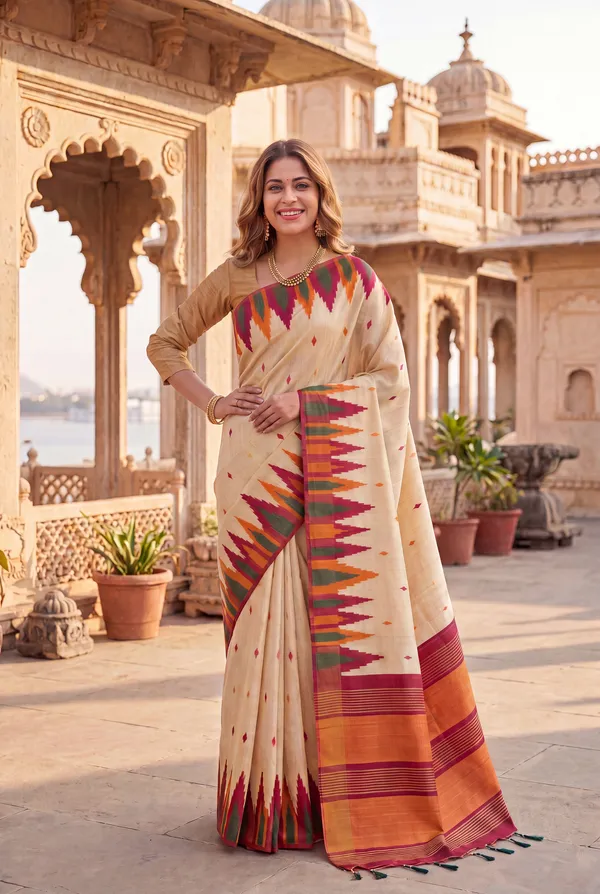 Soft_Tussar_Silk_Sarees_With_Beautiful_Digital_Print_With_Attractive_Checks_Design_Saree_And_Digital_Print_Blouse_With_Tassels