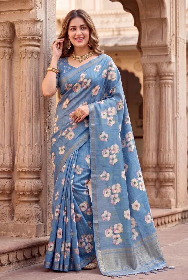 Soft_Tussar_Silk_Sarees_With_Beautiful_Digital_Print_With_Attractive_Checks_Design_Saree_And_Digital_Print_Blouse_With_Tassels