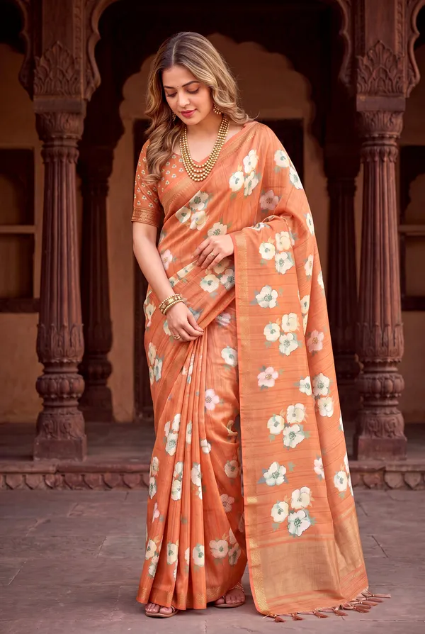 Soft_Tussar_Silk_Sarees_With_Beautiful_Digital_Print_With_Attractive_Checks_Design_Saree_And_Digital_Print_Blouse_With_Tassels