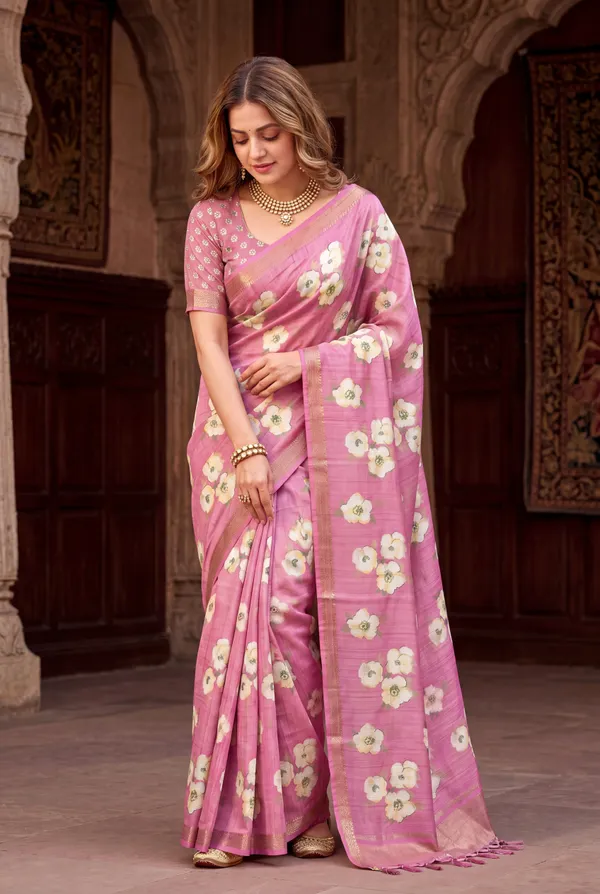 Soft_Tussar_Silk_Sarees_With_Beautiful_Digital_Print_With_Attractive_Checks_Design_Saree_And_Digital_Print_Blouse_With_Tassels